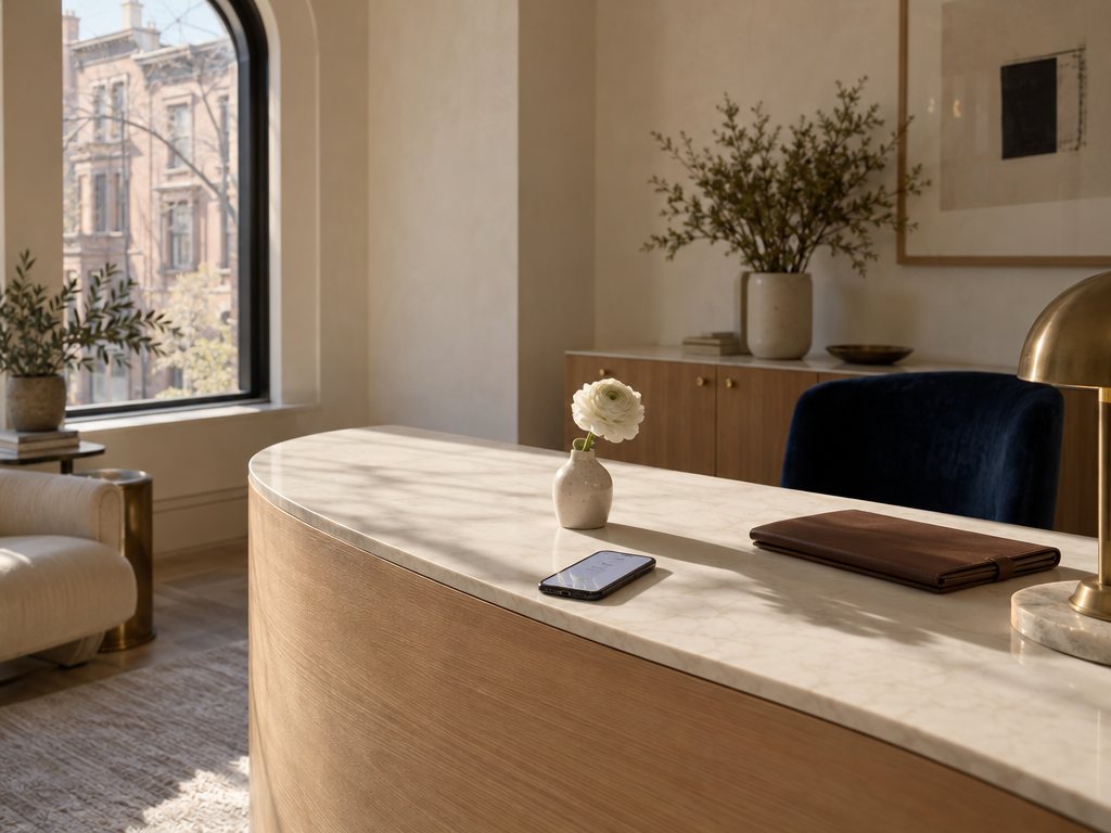 A quiet, sunlit reception desk with no one behind it and a phone glowing on the counter
